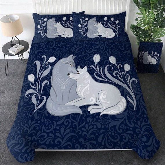 3d Couple Fox Flower Quilt Cover Fox Tulip Floral Black And Etsy