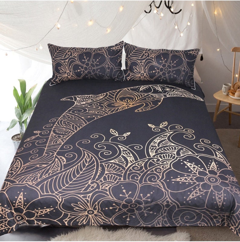 Gold Dolphin Duvet Cover Bed Set Dolphin Golden Quilt Cover Etsy