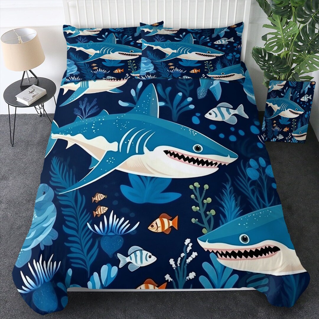 SHARK Duvet Cover Bed Set Blue Ocean Sharks Quilt Cover Etsy