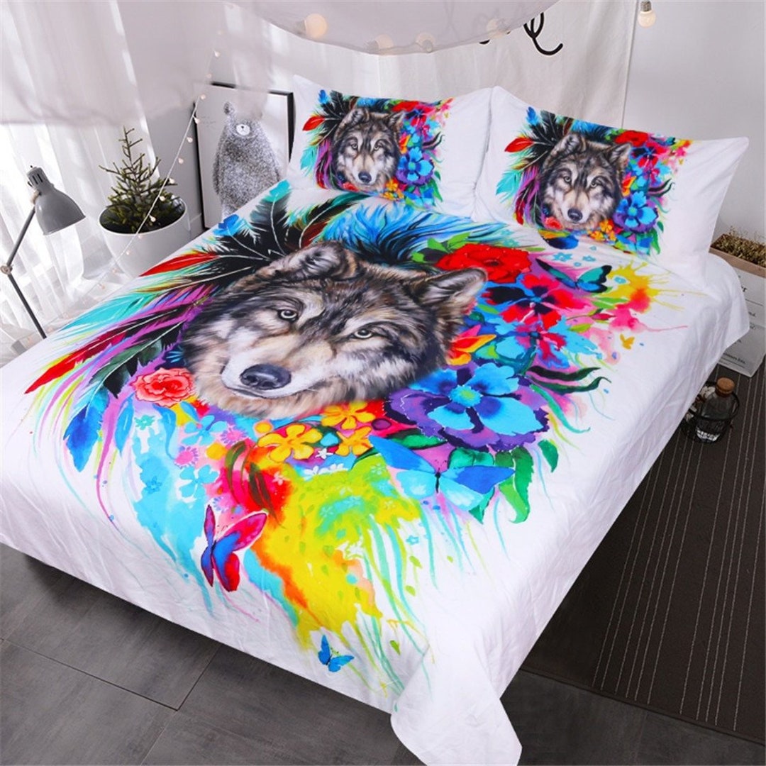 WOLF Face Quilt Cover 3D Floral Boho Wolf Duvet Cover Rainbow - Etsy