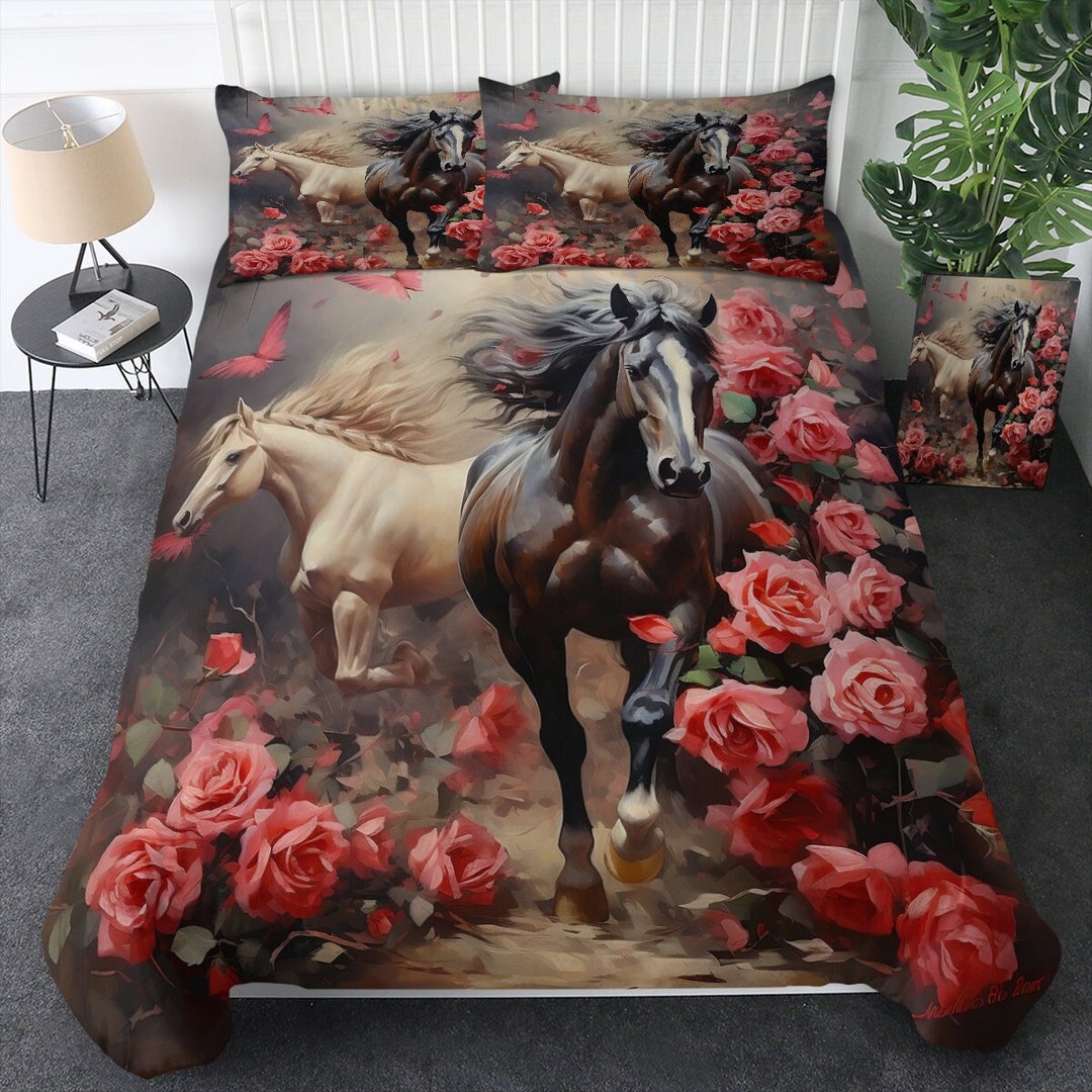 Horse Duvet Cover 3D Wild Horse Quilt Cover Horse Pink Roses Etsy