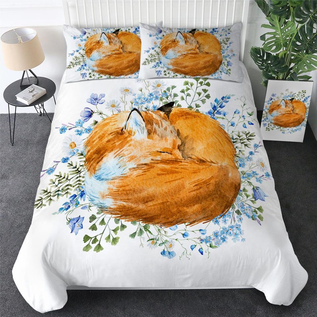 3D Fox Quilt Cover Wolve Blue Floral Leaf Cuddle Fox Duvet Cover