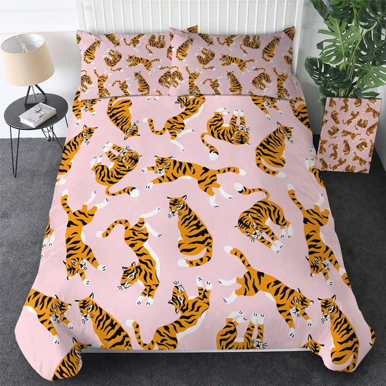 Tiger Quilt Cover Tiger Duvet Cover Bedding Set Pink Bedding Etsy