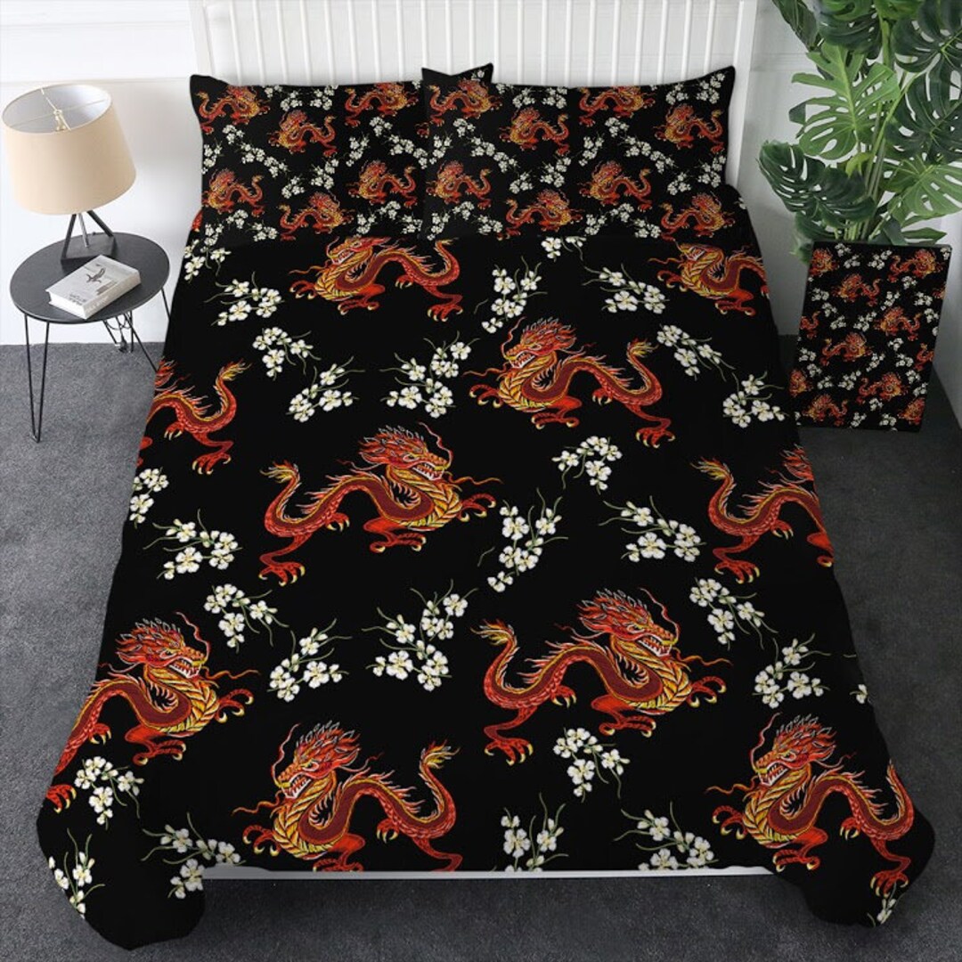 Red Chinese Dragon Quilt Cover Dragon Duvet Cover Bedding Set Bedroom Decor Etsy