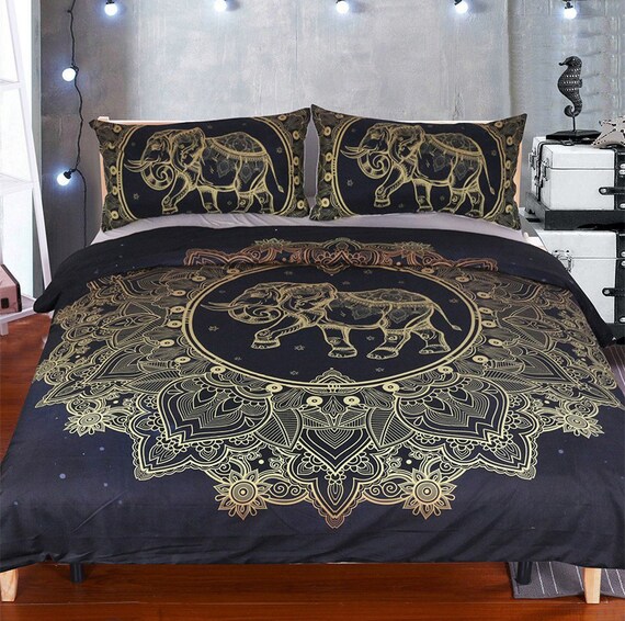 Gold Mandala Elephant Duvet Cover Elephant Bohemian Black Etsy