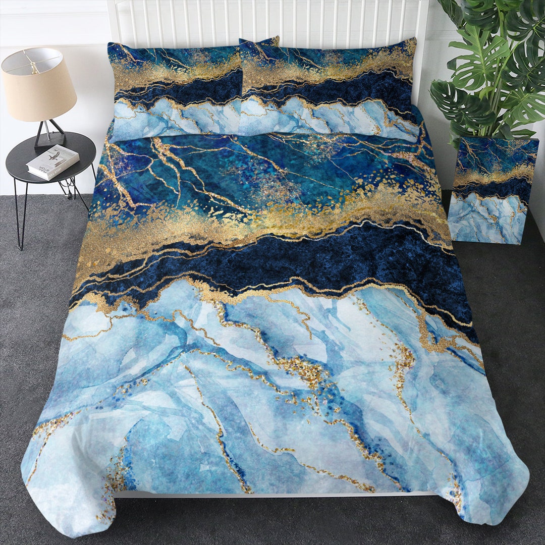 Blue Grey Gold Marble Duvet Cover Bedding Gold Marble Stone Etsy