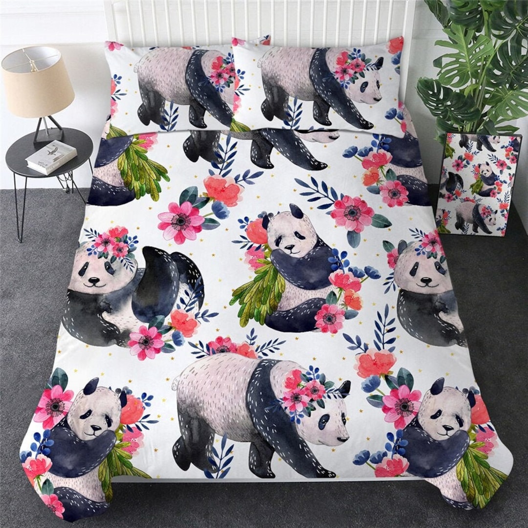 Floral Panda Duvet Cover Panda Flower Quilt Cover Bedding Set Leaf