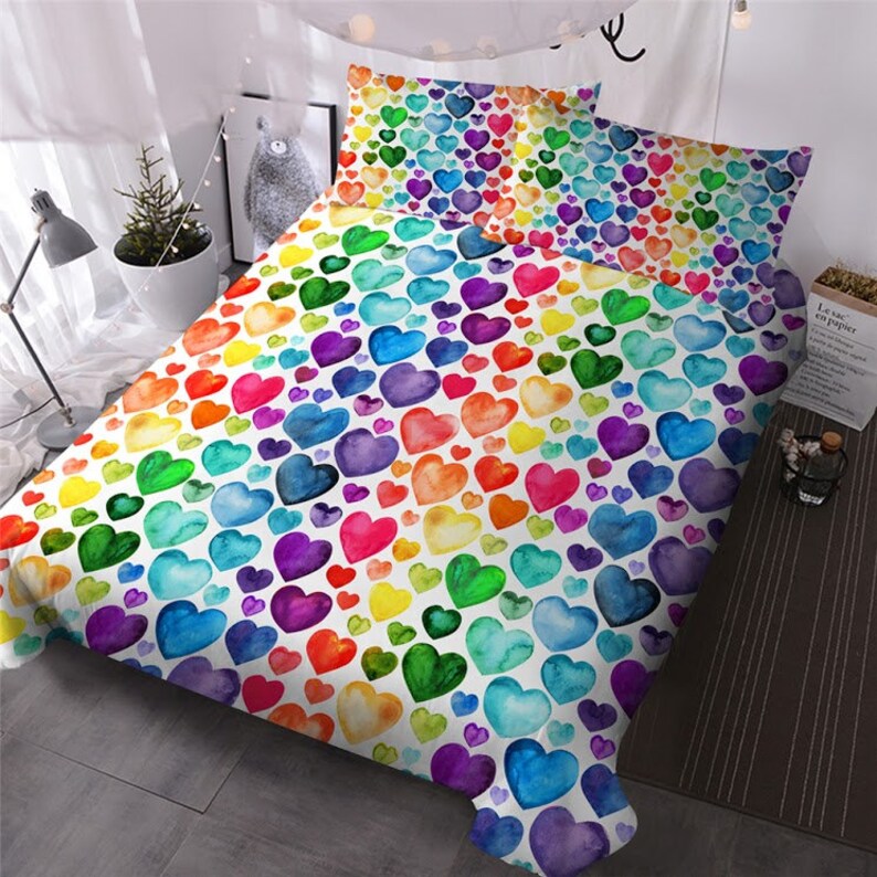Rainbow Hearts Duvet Cover Bedding Love Hearts Colorful Quilt Etsy India
