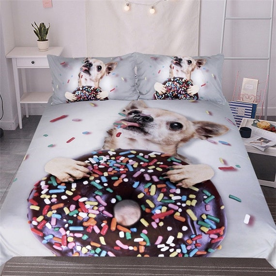 Dog Donut Duvet Cover 3D Bedding Donut Puppy Dog Quilt Cover