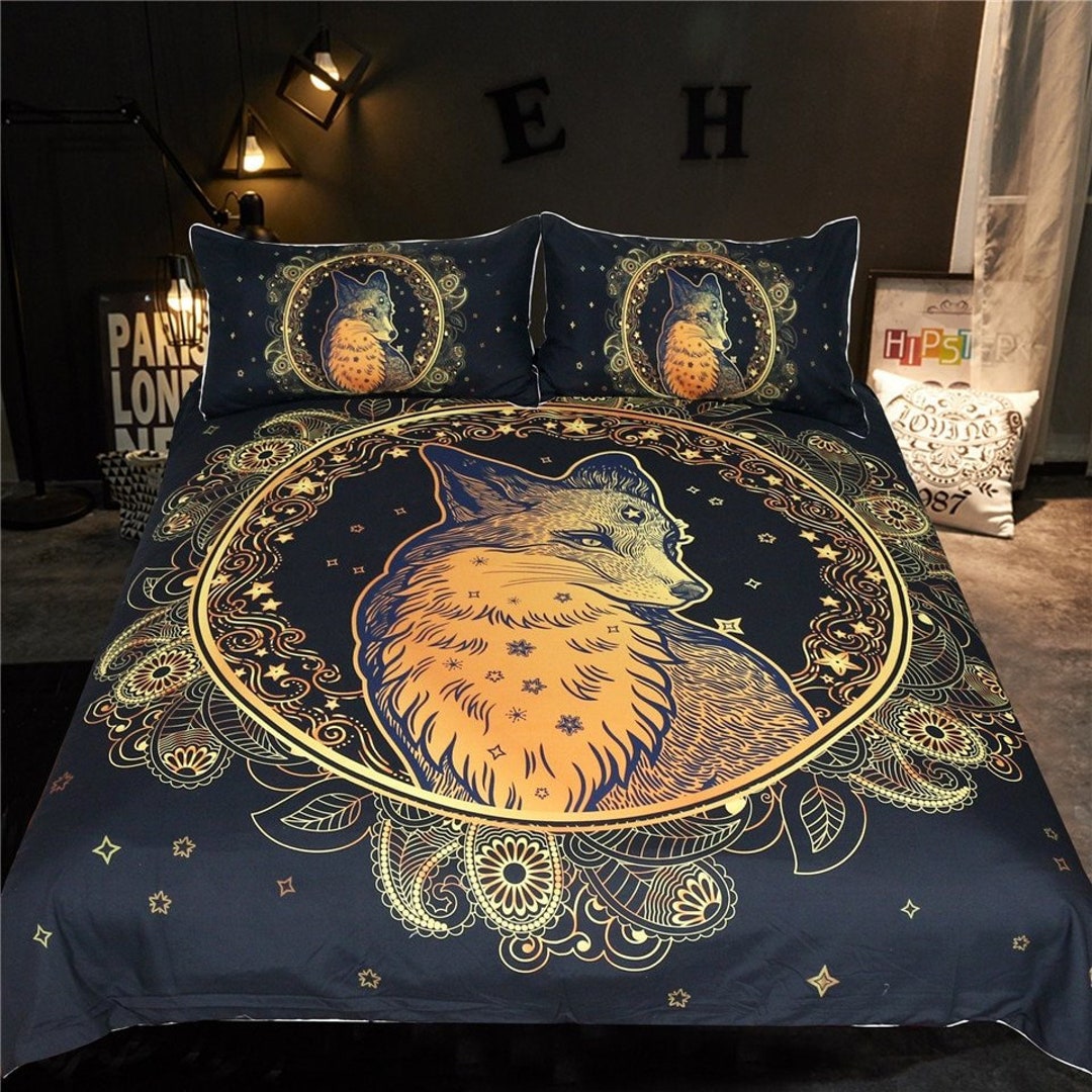 3D Fox Quilt Cover Wolve Floral Gold Mandala Boho Fox Duvet Cover