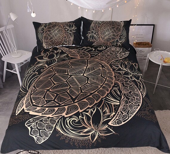 Turtle Duvet Cover Bed Set Golden Tortoise Quilt Cover Bedding Etsy