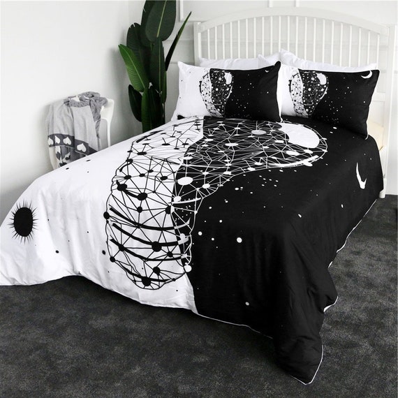 Earth Light Bulb Duvet Cover Day Night Sun Moon Quilt Black And White Bedding Set - Black And White Moon Duvet Cover Set