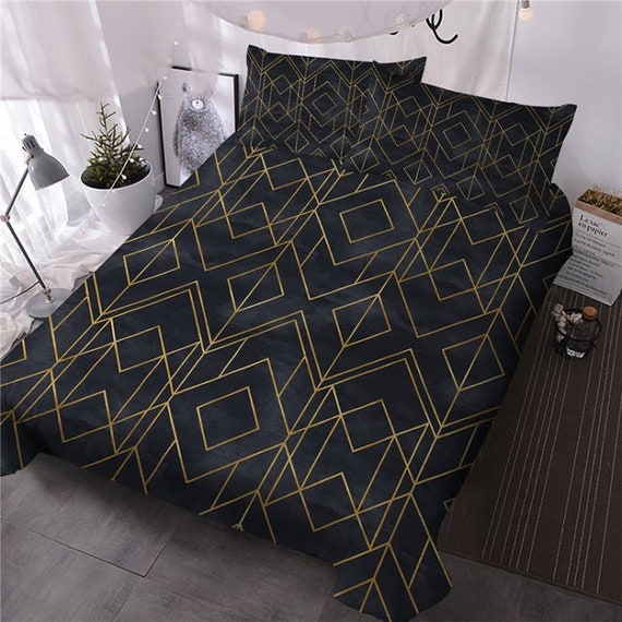 Black Marble Gold Geometric Duvet Cover Geometric Gold marble Gold