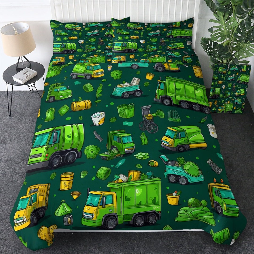 Rubbish Bin Vehicle Bedding Set, Cartoon Car Duvet Cover, Green Truck