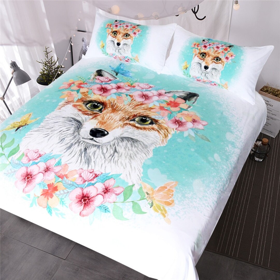 3D Fox Quilt Cover Wolve Floral Watercolor Paint Butterflies Etsy