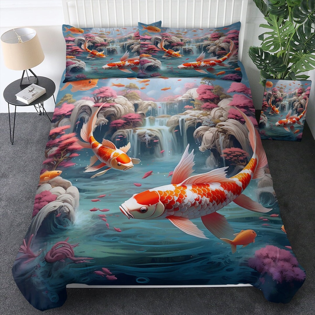 Koi Fish Duvet Cover, Japanese Koi 3D Bed Set, 3D Quilt Cover Bedding Set, 3D Duvet Cover, Fish