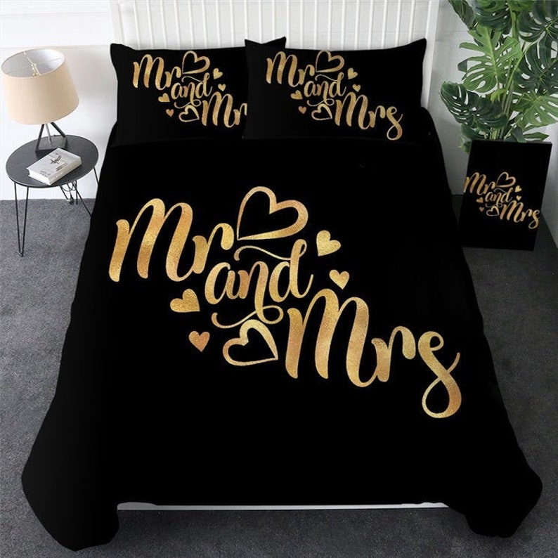 Couples Duvet Cover Black and Gold MR and MRS Quilt Cover Etsy