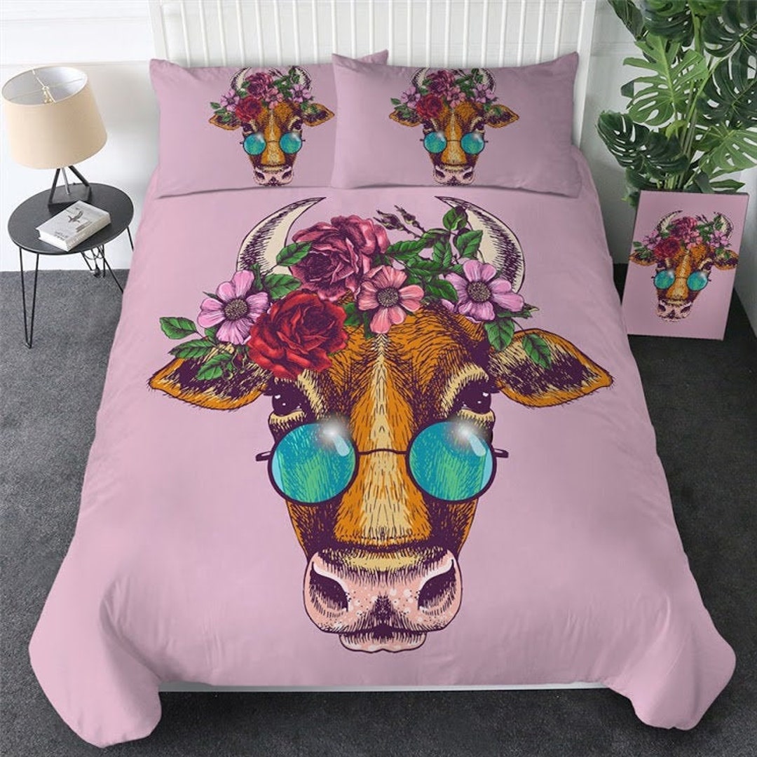 Hippie Bull Head Duvet Cover Pink Floral Cow Head Quilt Cover Etsy