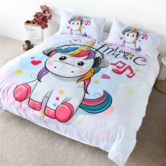 Headphone Unicorn Kids Duvet Cover 3D Music Unicorn Rainbow