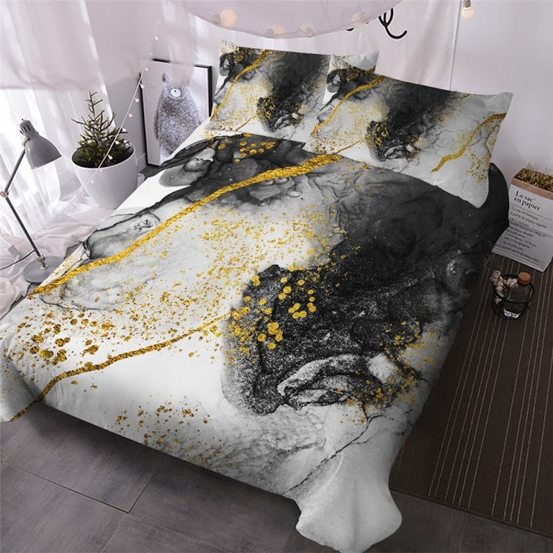 Black Grey Gold Marble Duvet Cover Bedding Gold Marble Stone Etsy