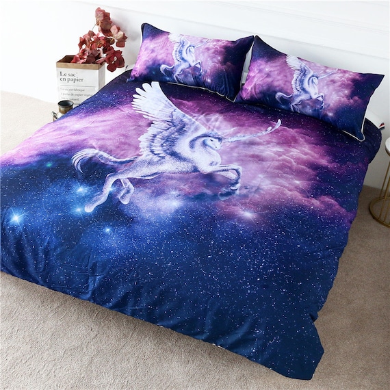 Galaxy Flying Horse Unicorn Duvet Cover 3d Universe Sparkly Etsy