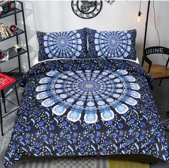 Blue Mandala Duvet Cover Colorful Flower Bohemian Quilt Cover Etsy