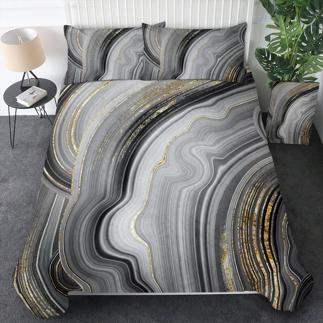 Black Grey Gold Marble Duvet Cover Bedding Gold Marble Stone Abstraced