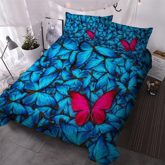 Blue Pink Butterflies Duvet Cover Bed Set Blue Butterflies Etsy
