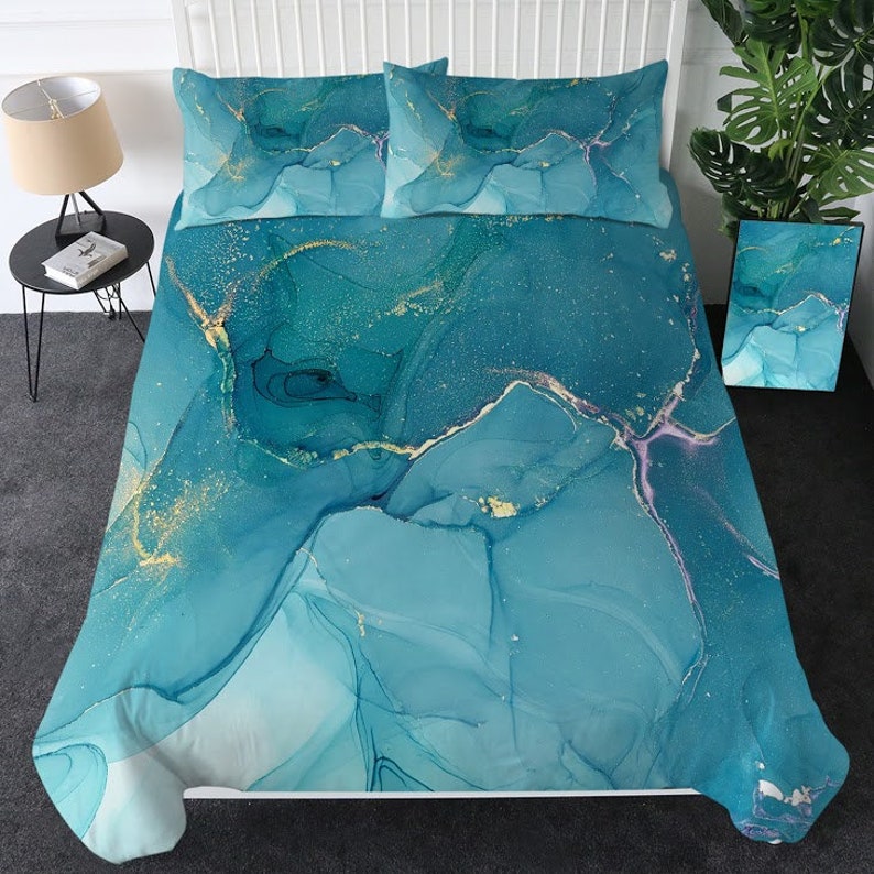 Vibrant Aqua Teal Marble Duvet Cover Sand Marble Abstract | Etsy