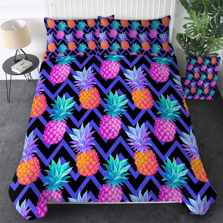 TROPICAL PINEAPPLES DOUBLE DUVET COVER SET REVERSIBLE PINK BEDDING 