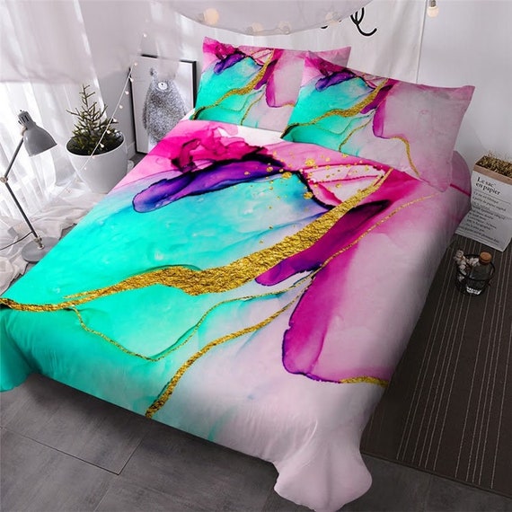 Bright Aqua Pink Marble Duvet Cover Gold Abstract Quilt - Teal And Gold Marble Bedding Bright Aqua Pink Marble Duvet Cover Gold Abstract Quilt - Teal And Gold Marble Bedding