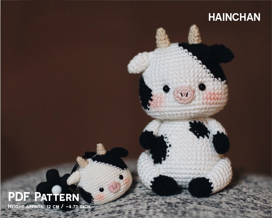 Kuh Häkelanleitung Digital - Ganzkörper & Schlüsselanhänger, Instant PDF, Amigurumi Taschenanhänger