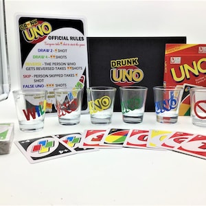Drunk UNO Game Set - 6 verres à liqueur, cadeau d'anniversaire pour elle, cadeau d'anniversaire, jeux de société, jeux à boire, cocktail, uno shot, jeux de pelouse