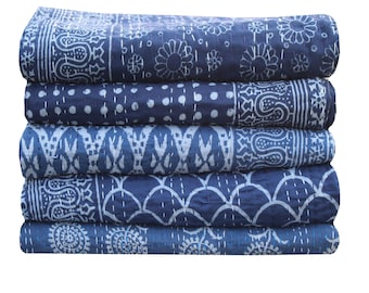 Blue Natural Color Kantha Quilt Twin Size Vintage Indigo Kantha Throw Hand Stitched Indigo Kantha Blanket Reversible Indigo Kantha Bedspread