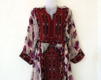 70s Authentic Afghanistan Tribal Gypsy Sz Sm Vintage Hand Embroidered Beaded Tribal Dress Quilted Cotton Bohemian Hippie Festival Dress