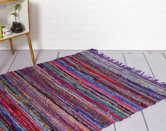 Handwoven Cotton Rag Runner Purple Lavender Sage and Hunter Green Vineyard 53 x 28