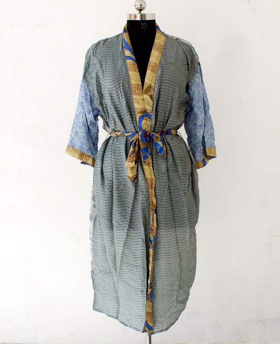 Indian Silk Sari Kimono Beautiful Floral Print Silk Sari Kimono robe Handmade Patchwork Night Gown Women/'S Beach Wear Dress