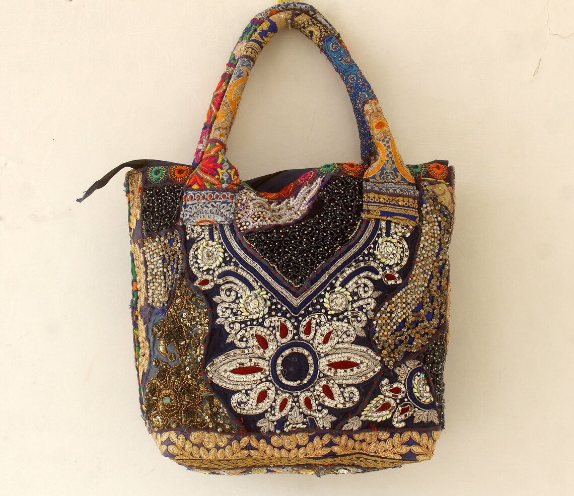 Blue Indian Beaded Tote Bag Banjara Shoulder Bag Handmade | Etsy