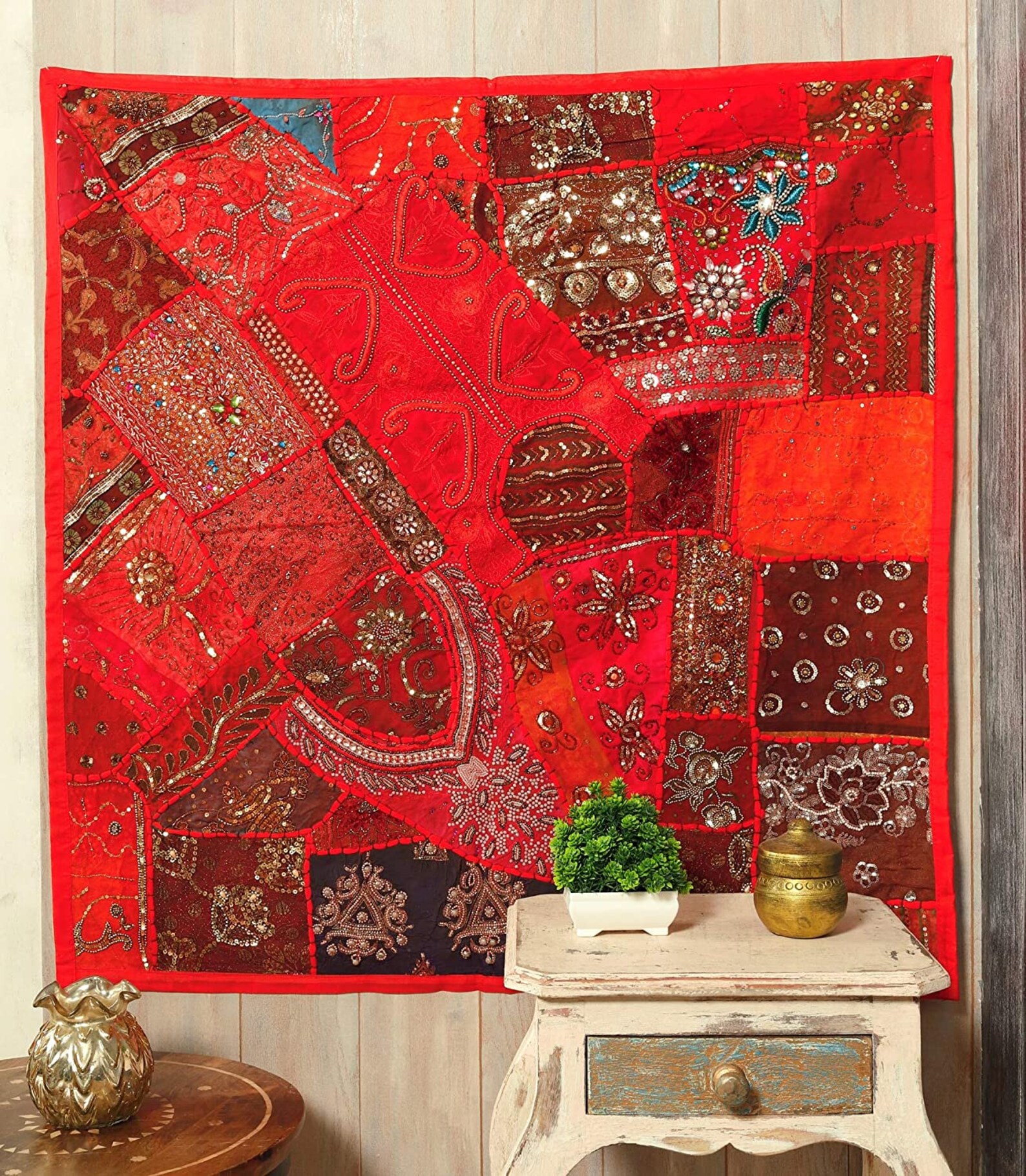 Red Patchwork Wall Hanging Decorative Wall Tapestry Hand Etsy
