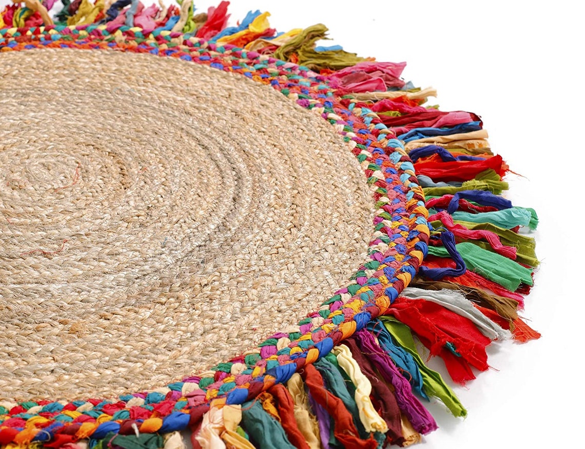 Round Braided Jute Door Mats with Fringes Area Rug Cotton Etsy