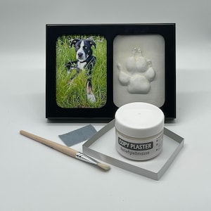 May include: A black frame with a photo of a dog in the grass and a white paw print in the other half. A white jar of copy plaster with a black label that says "COPY PLASTER Reliefgiessmasse" is in front of the frame. A wooden paintbrush and a grey sanding block are also included.