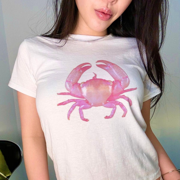 Crab Design Printed Tee Beach Theme Graphic Print Baby Tee Trendy Tshirt for Summer Pinterest Aesthetic Tshirt Gift for Teenage Girls