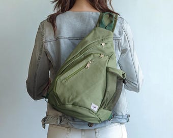 Canvas Sling Bag, Crossbody Travel Bag with Anti-Theft Pocket, Single Strap 11" iPad Backpack, Chest Bag with Bottle Holder