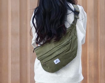 Washed Canvas Crossbody Bag - Versatile Sling, Camera Chest Bag for Women for Men, Half Moon Bag, Fits 11" iPad, with Adjustable Strap