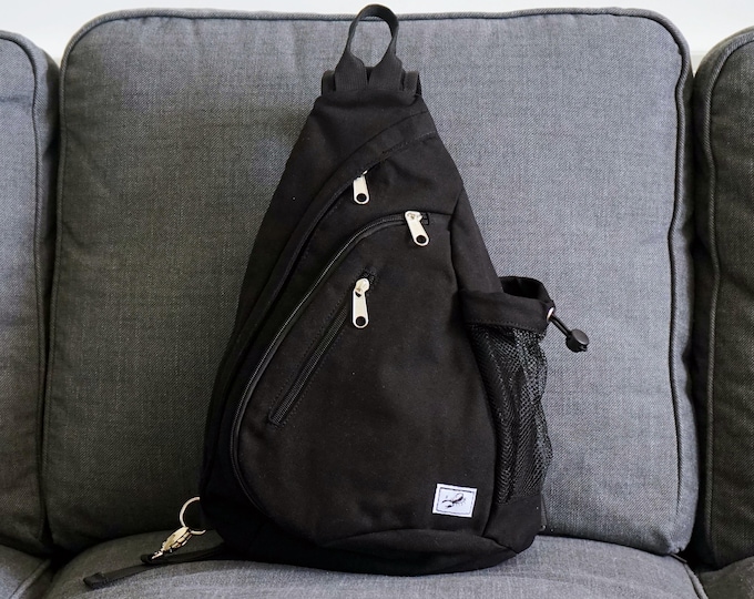 Black Canvas Sling Bag, Crossbody Bag with Shoulder Strap Phone Pouch, 11" iPad Chest Bag with Hidden Pocket and Water Bottle Holder