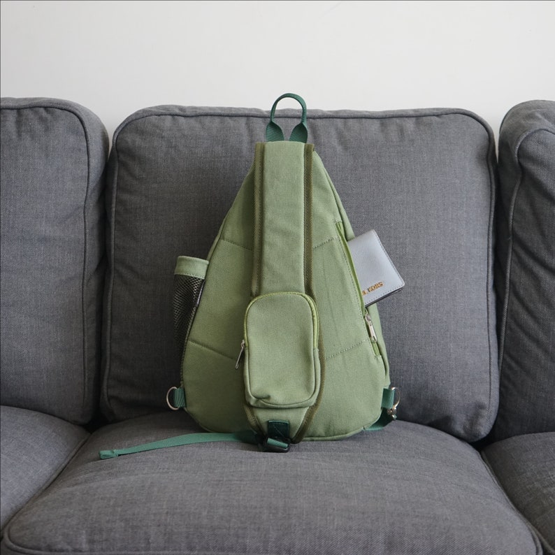 Green Canvas Sling Bag Crossbody Travel Backpack with Anti Theft Pocket One Strap Tablet Backpack Chest Bag with Bottle Holder image 5