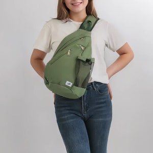 Green Canvas Sling Bag Crossbody Travel Backpack with Anti Theft Pocket One Strap Tablet Backpack Chest Bag with Bottle Holder image 10
