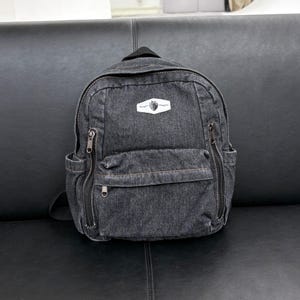 Vintage Denim Mini Backpack - Strawberry Patch, Fits 11" iPad, with 2 Side Openings,  Grunge Black Jeans Retro Daypack for Travel Work