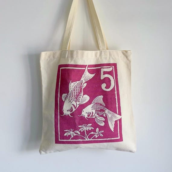 Vintage Goldfish Tote Bag, Koi Fish Canvas Book Bag with Zipper Pocket, Lucky Carp Print