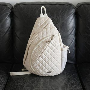 Cream Quilted Sling Bag – Fits 13 inch Laptop, Beige Crossbody Backpack with Water Bottle Holder, Adjustable Strap, Anti-Theft Travel Purse